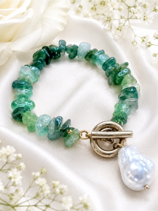 Jewelry - Green Gemstone Chip Bracelet with Baroque Pearl Charm